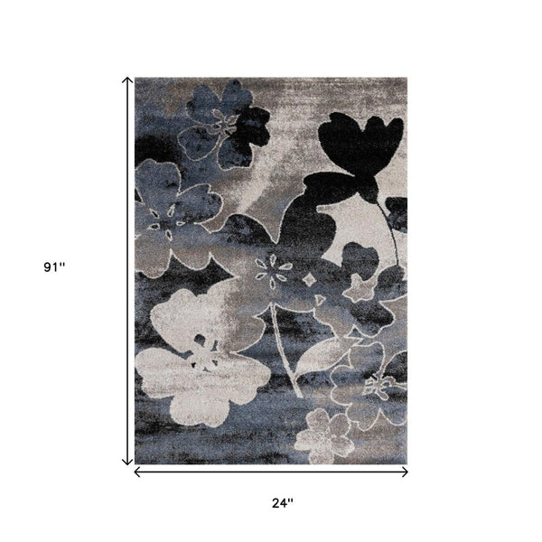 HomeRoots 8' Botanical Runner Rug in Bold Blue, Cream & Black – Durable, Stain-Resistant, Stylish Design 2' X 8' 660175