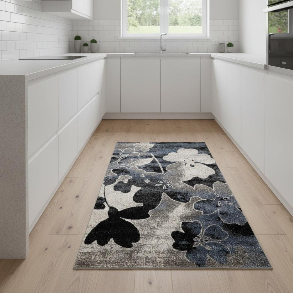 HomeRoots 8' Botanical Runner Rug in Bold Blue, Cream & Black – Durable, Stain-Resistant, Stylish Design 2' X 8' 660175