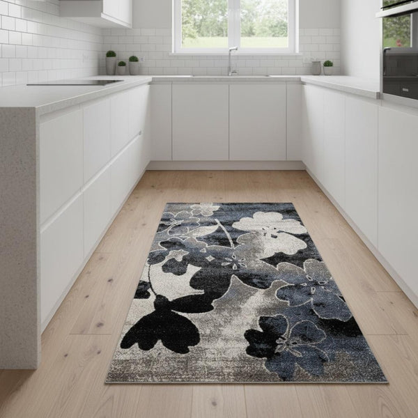 HomeRoots 8' Botanical Runner Rug in Bold Blue, Cream & Black – Durable, Stain-Resistant, Stylish Design 2' X 8' 660175