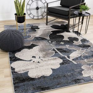 HomeRoots 8' Botanical Runner Rug in Bold Blue, Cream & Black – Durable, Stain-Resistant, Stylish Design 2' X 8' 660175