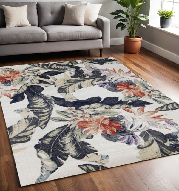 HomeRoots 5' Cream Botanical Leaves Area Rug with Brick Red and Green Accents for Stylish Home Décor 5' X 8' 660176