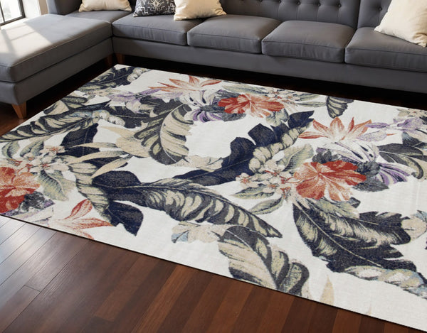 HomeRoots 8' Cream Botanical Leaves Area Rug - Brick-Red & Green Design for Cozy, Stylish Living Spaces 8' X 11' 660177