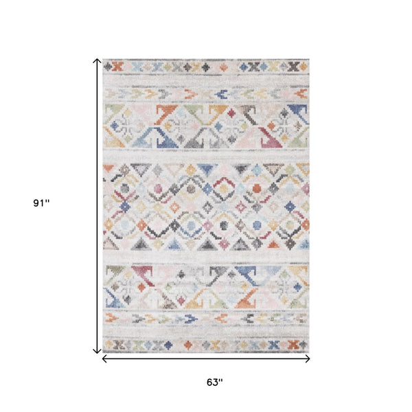 HomeRoots 5' Modern Tribal Area Rug in Cream, Blue & Green - Durable, Stain-Resistant for Family Spaces 5' X 8' 660180
