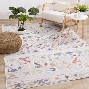 HomeRoots 5' Modern Tribal Area Rug in Cream, Blue & Green - Durable, Stain-Resistant for Family Spaces 5' X 8' 660180