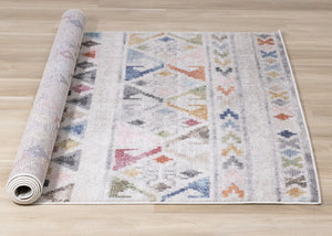 HomeRoots 5' Modern Tribal Area Rug in Cream, Blue & Green - Durable, Stain-Resistant for Family Spaces 5' X 8' 660180