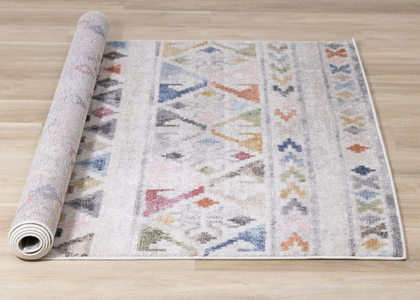 HomeRoots 5' Modern Tribal Area Rug in Cream, Blue & Green - Durable, Stain-Resistant for Family Spaces 5' X 8' 660180
