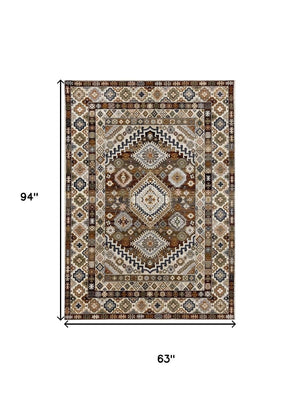 HomeRoots 5' Elegant Cream Brown and Tan Oriental Area Rug - Durable, Stain-Resistant Design for Any Space 5' X 8' 660182
