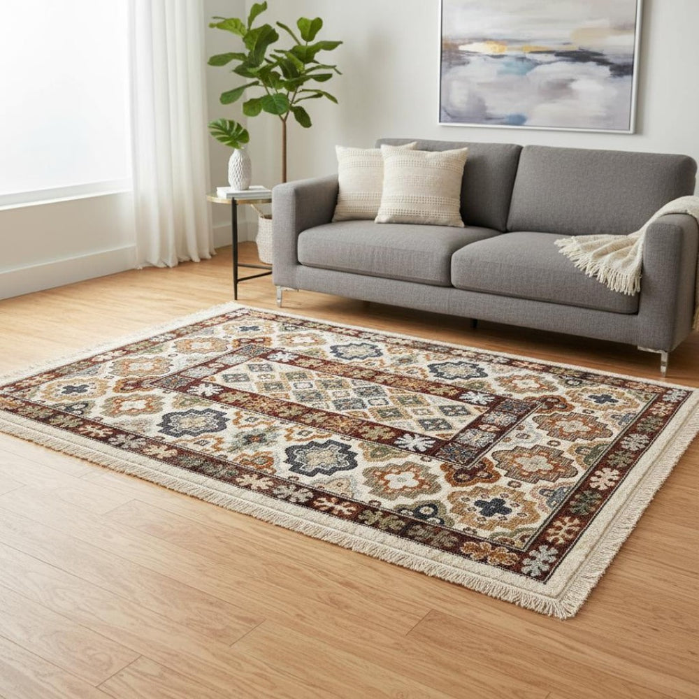 HomeRoots 5' Elegant Cream Brown and Tan Oriental Area Rug - Durable, Stain-Resistant Design for Any Space 5' X 8' 660182