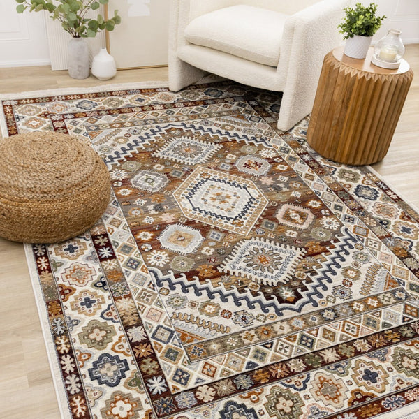 HomeRoots 5' Elegant Cream Brown and Tan Oriental Area Rug - Durable, Stain-Resistant Design for Any Space 5' X 8' 660182