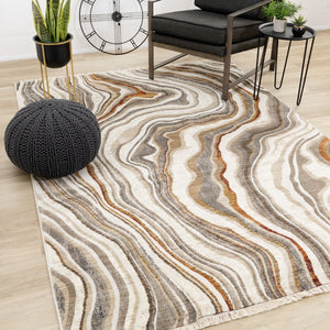 HomeRoots 5' Cream and Beige Abstract Area Rug - Soft, Durable, Stain-Resistant for Modern Living Spaces 5' X 8' 660184