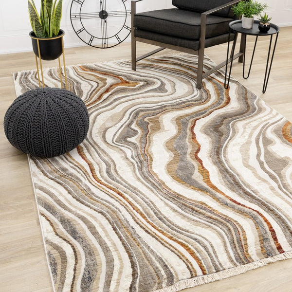 HomeRoots 5' Cream and Beige Abstract Area Rug - Soft, Durable, Stain-Resistant for Modern Living Spaces 5' X 8' 660184