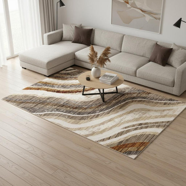 HomeRoots 5' Cream and Beige Abstract Area Rug - Soft, Durable, Stain-Resistant for Modern Living Spaces 8' X 10' 660185