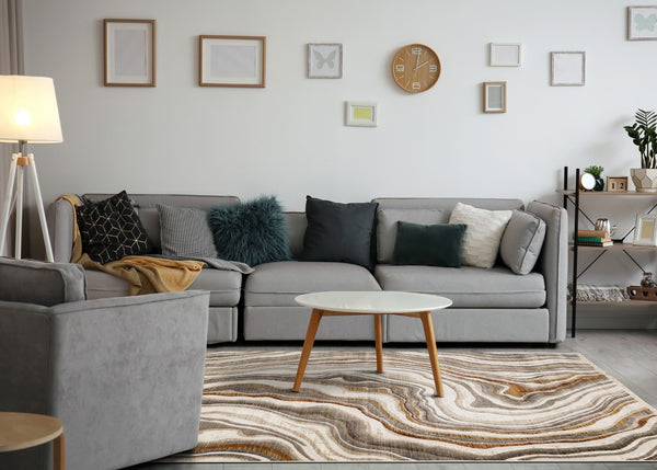 HomeRoots 5' Cream and Beige Abstract Area Rug - Soft, Durable, Stain-Resistant for Modern Living Spaces 8' X 10' 660185