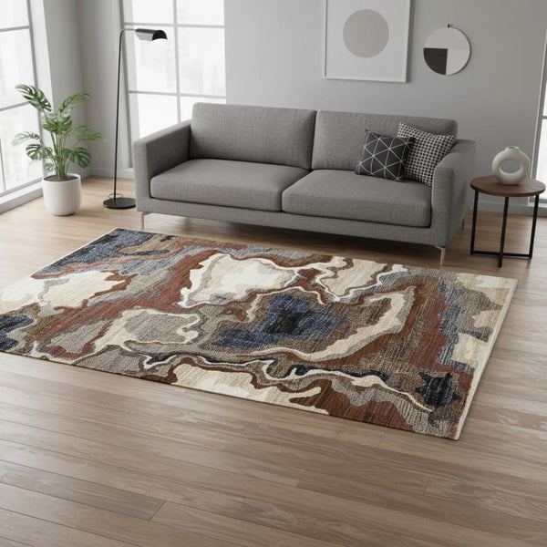 HomeRoots 5' Modern Abstract Area Rug in Beige, Blue & Black - Stylish, Durable, Stain-Resistant Design for Any Room 5' X 8' 660187