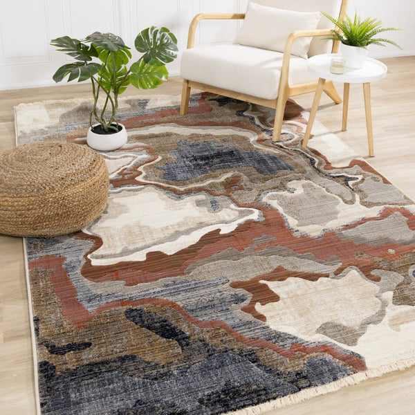 HomeRoots 5' Modern Abstract Area Rug in Beige, Blue & Black - Stylish, Durable, Stain-Resistant Design for Any Room 5' X 8' 660187