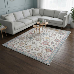 HomeRoots 7' Stylish Cream Blue and Green Medallion Area Rug - Durable, Stain-Resistant, Easy Maintenance Design 7' X 10' 660191