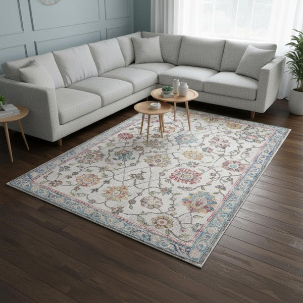 HomeRoots 7' Stylish Cream Blue and Green Medallion Area Rug - Durable, Stain-Resistant, Easy Maintenance Design 7' X 10' 660191