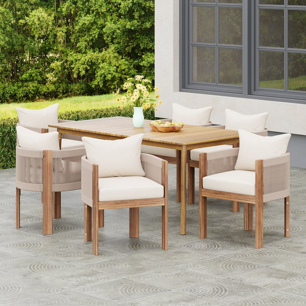 English Elm Christopher Knight Home® - Matera Teak+ Beige 7PC Outdoor Dining Set – Handwoven Rope Chairs, Ergonomic Cushions, Solid Acacia Veneer Table (Durable, Low-Maintenance) MATERA7PCDSET