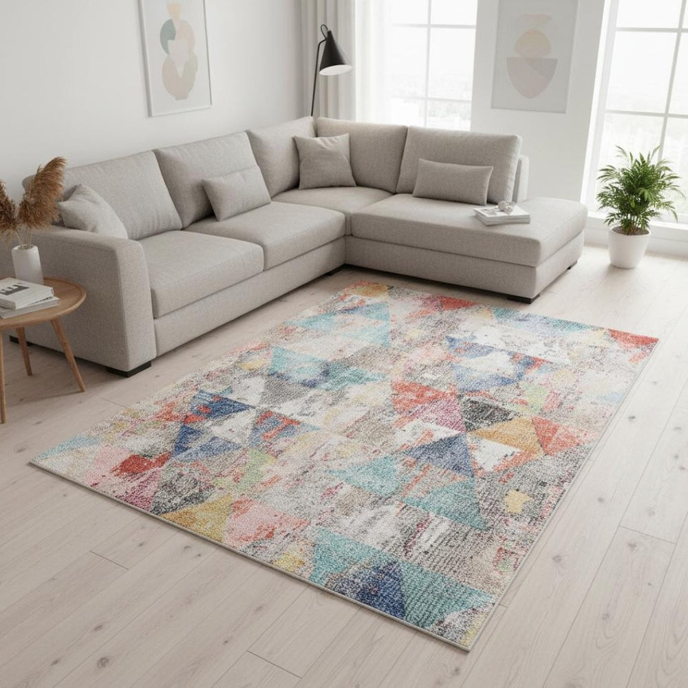 HomeRoots 7' Modern Geometric Area Rug in Soft Gray with Pink and Blue Accents for Stylish, Family-Friendly Spaces 7' X 10' 660192