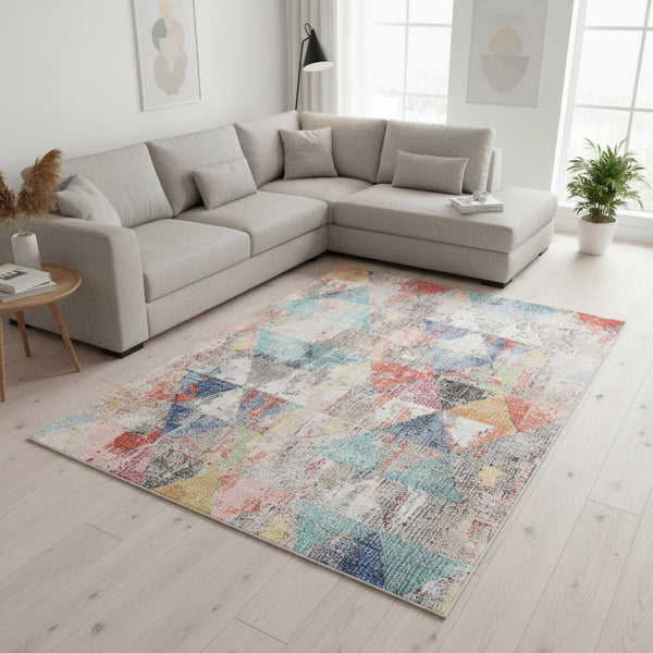 HomeRoots 7' Modern Geometric Area Rug in Soft Gray with Pink and Blue Accents for Stylish, Family-Friendly Spaces 7' X 10' 660192