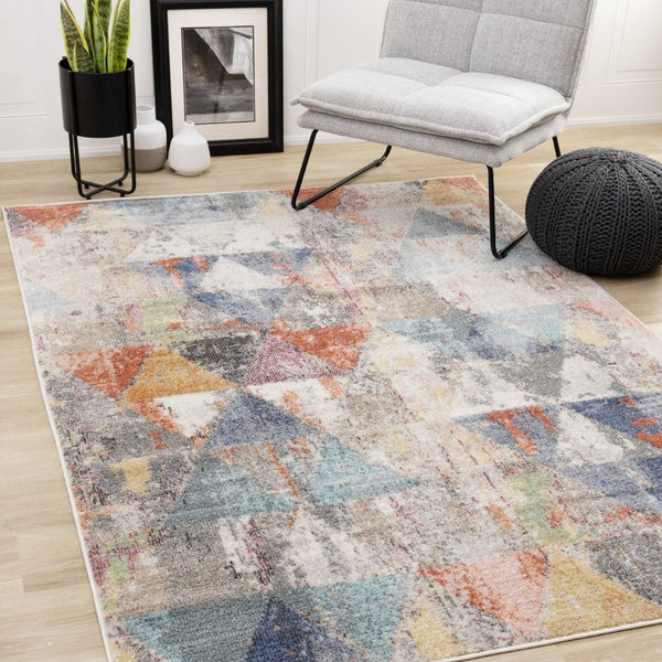 HomeRoots 7' Modern Geometric Area Rug in Soft Gray with Pink and Blue Accents for Stylish, Family-Friendly Spaces 7' X 10' 660192