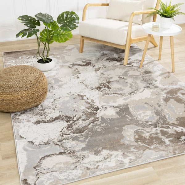 HomeRoots 5' Modern Taupe and Cream Abstract Area Rug - Soft, Durable, Stain-Resistant, Perfect for Busy Homes 5' X 8' 660193