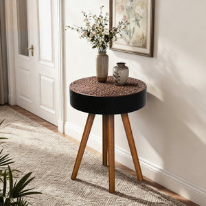 English Elm 15.7-inch Round Carved Mdf Accent Table Distressed Vintage Style for Bedroom or Living Room W3935P406043