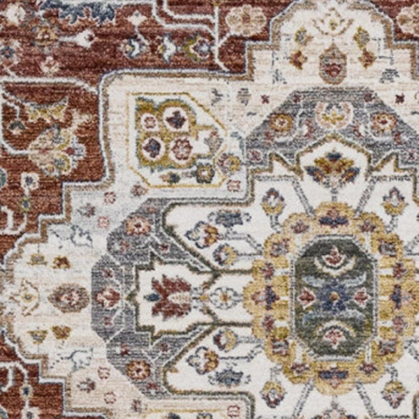 HomeRoots 5' Stylish Medallion Area Rug in Rich Red, Blue, and Tan - Durable, Stain-Resistant, Easy Care 5' X 8' 660197
