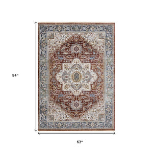 HomeRoots 5' Stylish Medallion Area Rug in Rich Red, Blue, and Tan - Durable, Stain-Resistant, Easy Care 5' X 8' 660197