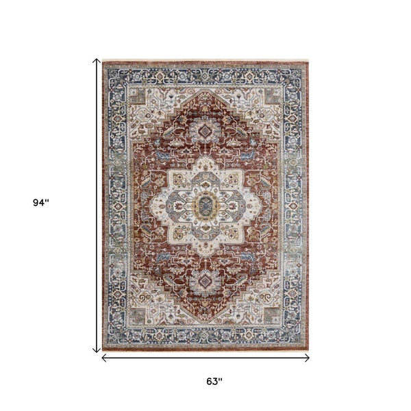 HomeRoots 5' Stylish Medallion Area Rug in Rich Red, Blue, and Tan - Durable, Stain-Resistant, Easy Care 5' X 8' 660197