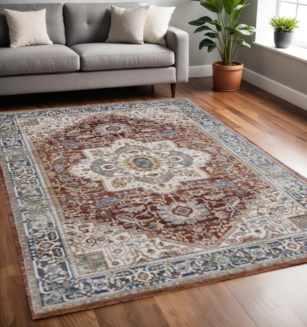 HomeRoots 5' Stylish Medallion Area Rug in Rich Red, Blue, and Tan - Durable, Stain-Resistant, Easy Care 5' X 8' 660197