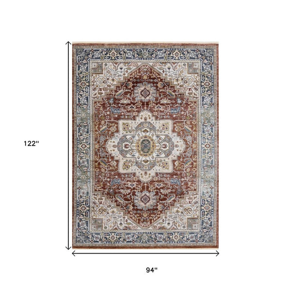 HomeRoots 8' Red Blue and Tan Medallion Area Rug - Durable, Stain-Resistant, Perfect for Living Spaces & Entryways 8' X 10' 660198
