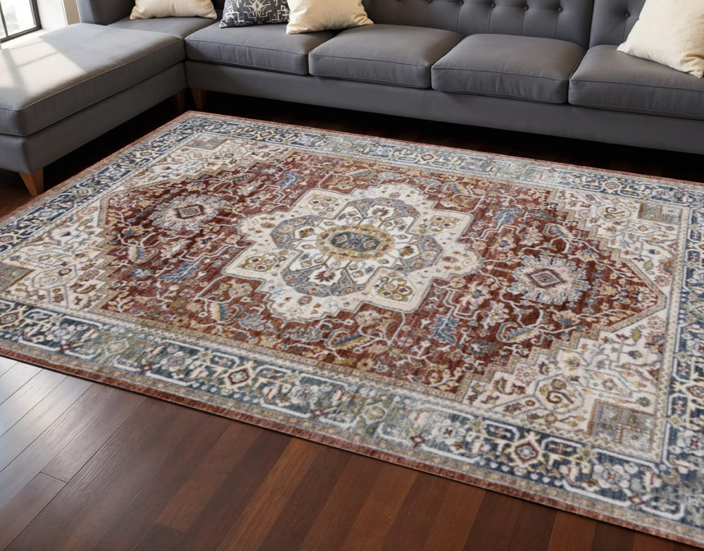 HomeRoots 8' Red Blue and Tan Medallion Area Rug - Durable, Stain-Resistant, Perfect for Living Spaces & Entryways 8' X 10' 660198