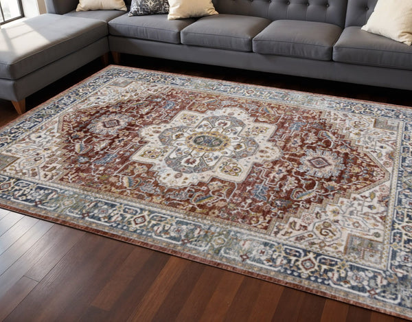 HomeRoots 8' Red Blue and Tan Medallion Area Rug - Durable, Stain-Resistant, Perfect for Living Spaces & Entryways 8' X 10' 660198
