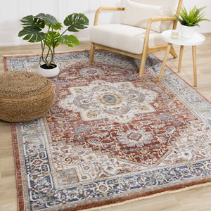 HomeRoots 8' Red Blue and Tan Medallion Area Rug - Durable, Stain-Resistant, Perfect for Living Spaces & Entryways 8' X 10' 660198