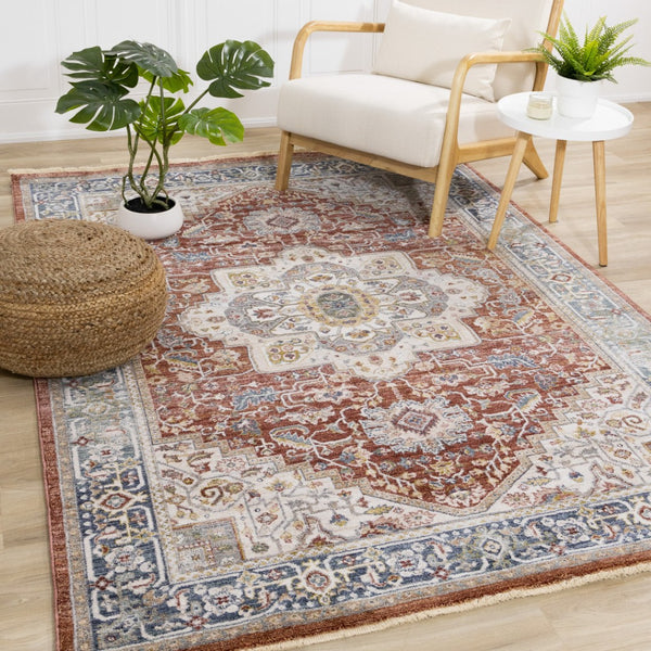 HomeRoots 8' Red Blue and Tan Medallion Area Rug - Durable, Stain-Resistant, Perfect for Living Spaces & Entryways 8' X 10' 660198