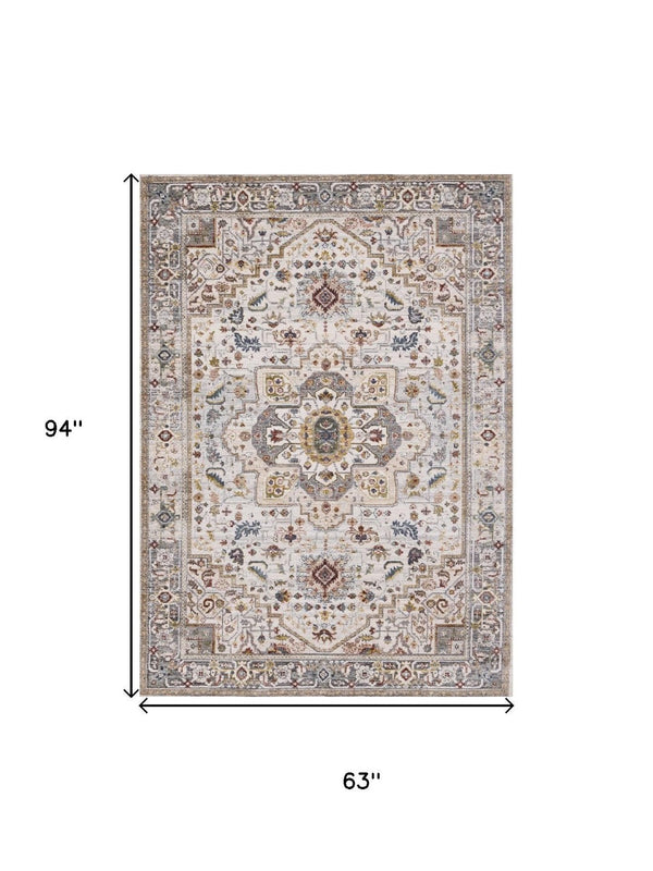 HomeRoots 5' Cream and Blue Medallion Area Rug - Durable, Stain-Resistant Soft Polyester for Timeless Style 5' X 8' 660199