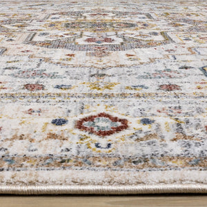 HomeRoots 5' Cream and Blue Medallion Area Rug - Durable, Stain-Resistant Soft Polyester for Timeless Style 5' X 8' 660199