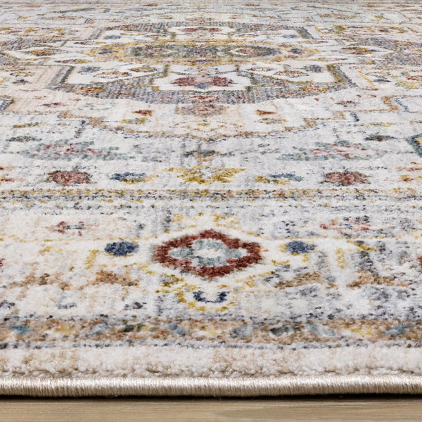 HomeRoots 5' Cream and Blue Medallion Area Rug - Durable, Stain-Resistant Soft Polyester for Timeless Style 5' X 8' 660199