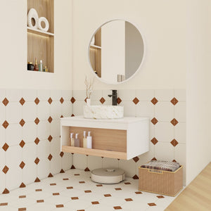 English Elm 30" Floating Wall Mount Bathroom Vanity Open Shelf Ceramic Vessel Sink Modern White Gold+White,White + Light Oak W3450S00058