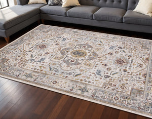 HomeRoots 8' Cream and Blue Medallion Area Rug - Stylish, Durable, and Stain-Resistant for Modern Homes 8' X 10' 660200