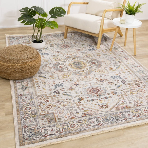 HomeRoots 8' Cream and Blue Medallion Area Rug - Stylish, Durable, and Stain-Resistant for Modern Homes 8' X 10' 660200