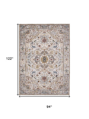 HomeRoots 8' Cream and Blue Medallion Area Rug - Stylish, Durable, and Stain-Resistant for Modern Homes 8' X 10' 660200