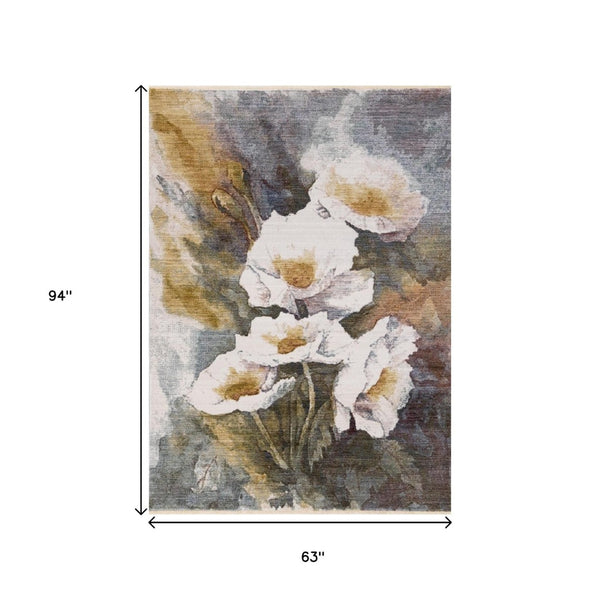 HomeRoots 5' Botanical Leaves Area Rug in Cream, Blue & Yellow - Modern Charm for Any Room's Style 5' X 8' 660201