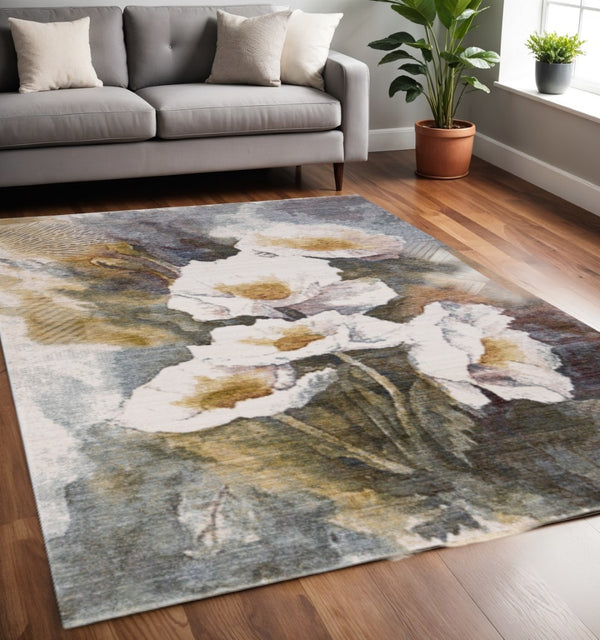 HomeRoots 5' Botanical Leaves Area Rug in Cream, Blue & Yellow - Modern Charm for Any Room's Style 5' X 8' 660201