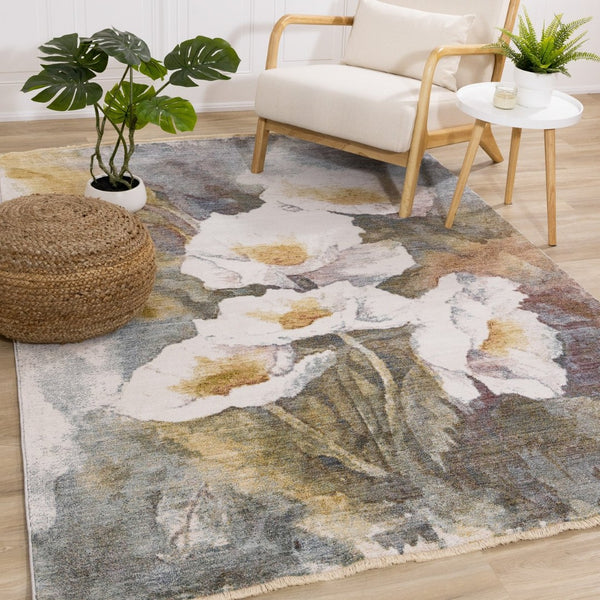 HomeRoots 5' Botanical Leaves Area Rug in Cream, Blue & Yellow - Modern Charm for Any Room's Style 5' X 8' 660201