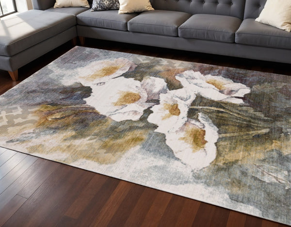 HomeRoots 8' Botanical Leaves Area Rug in Cream, Blue, and Yellow - Durable, Stylish, and Easy to Clean! 8' X 10' 660202