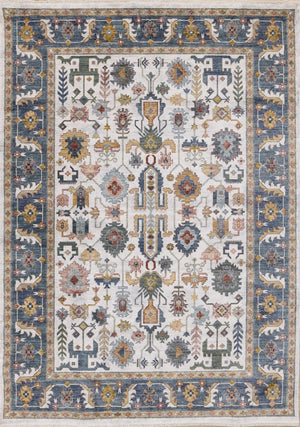 HomeRoots 5' Cream Blue and Green Medallion Area Rug - Stylish, Durable Design for Homes with Kids and Pets 5' X 8' 660203