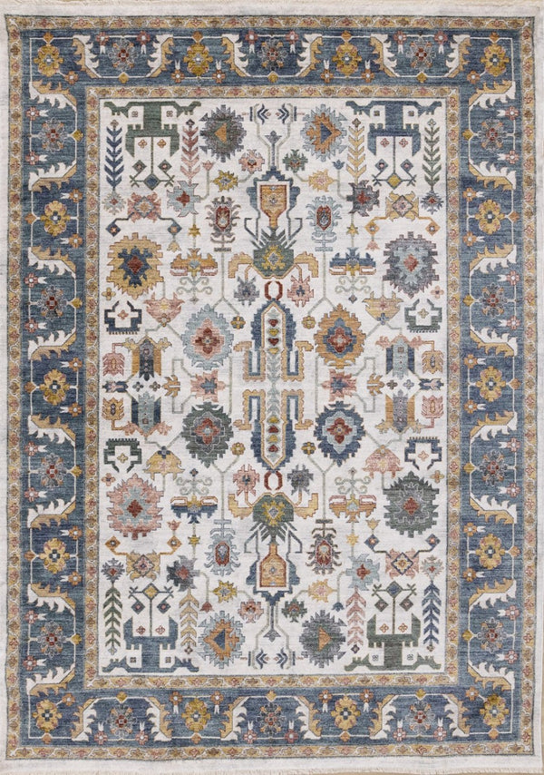 HomeRoots 5' Cream Blue and Green Medallion Area Rug - Stylish, Durable Design for Homes with Kids and Pets 5' X 8' 660203