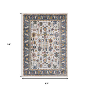 HomeRoots 5' Cream Blue and Green Medallion Area Rug - Stylish, Durable Design for Homes with Kids and Pets 5' X 8' 660203